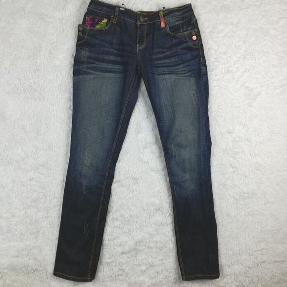Coogi Womens Jeans Straight Leg Blue Denim Embroidered Jeweled Distressed 8 - Picture 2 of 16